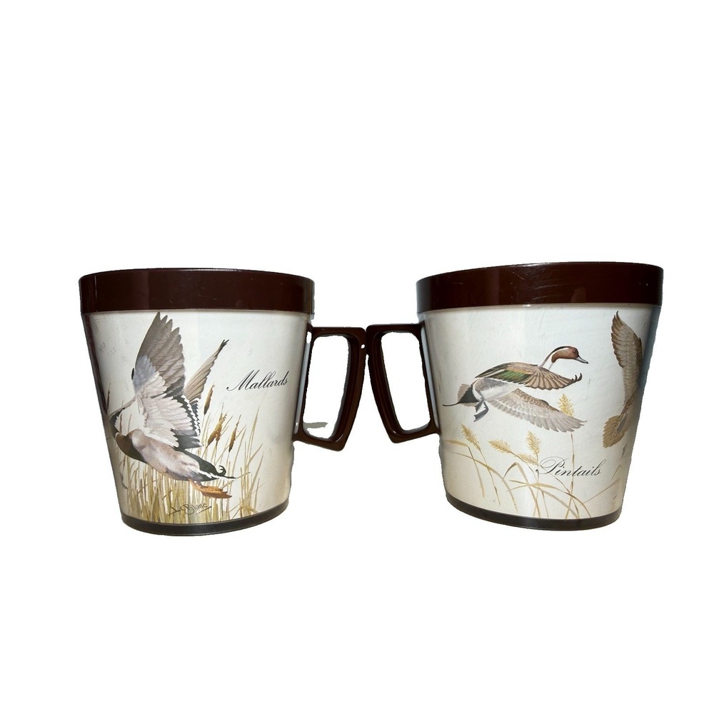 Vintage‎ Flambeau Ducks & Geese Double Wall Mugs Set of 2 Retro MCM Cozy Cabin
